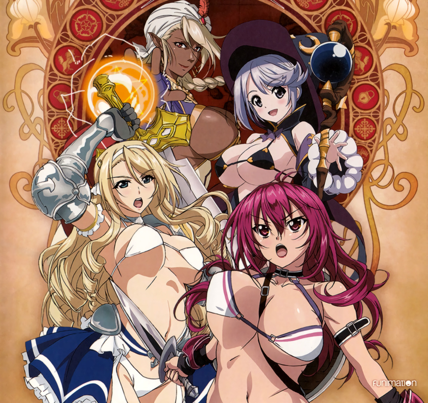 4girls bikini_warriors bra breasts dark_elf_(bikini_warriors) fighter_(bikini_warriors) large_breasts long_hair mage_(bikini_warriors) multiple_girls official_art paladin_(bikini_warriors) pink_hair smile standing sword