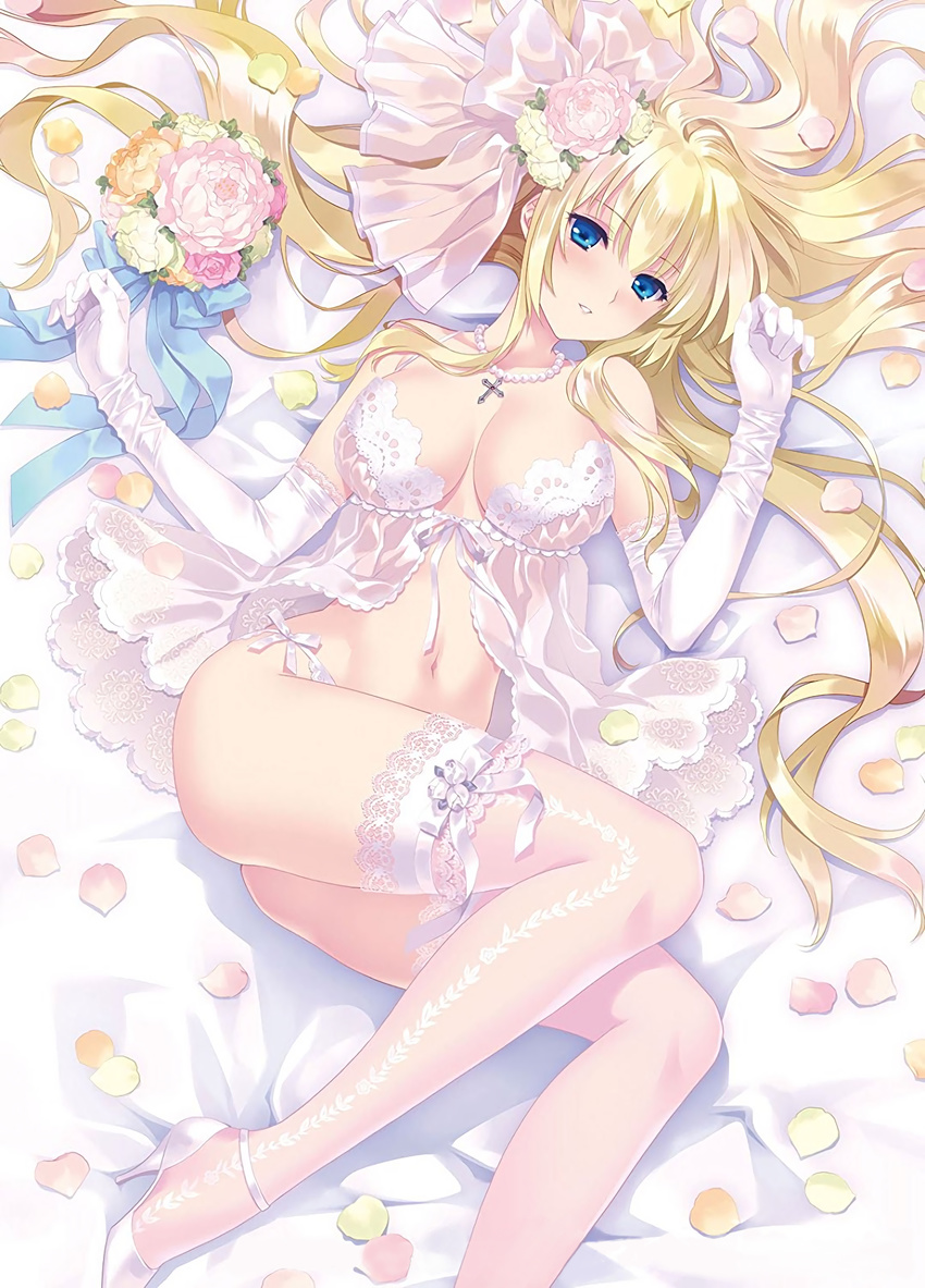 absurdres ass babydoll bad_id bad_yandere_id blonde_hair blue_eyes blush bouquet breasts breasts_apart carnelian cross cross_necklace detexted elbow_gloves flower from_above gloves hair_flower hair_ornament high_heels highres irisdina_bernhard jewelry lace lace-trimmed_gloves lace-trimmed_thighhighs lace_legwear large_breasts lingerie long_hair looking_at_viewer lying muvluv muvluv_alternative navel necklace negligee on_back panties petals resized schwarzesmarken side-tie_panties sidelocks smile solo string_panties thighhighs third-party_edit underwear underwear_only upscaled very_long_hair waifu2x watermark white white_gloves white_legwear white_panties