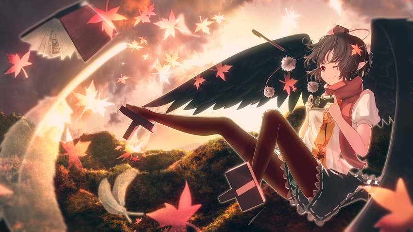;) autumn_leaves bird_wings black_hair black_legwear black_skirt black_wings book camera closed_mouth commentary_request evening flying from_side full_body geta hat highres leaf leaf-pattern_stripe maple_leaf marusan one_eye_closed outdoors pantyhose pointy_ears pom_pom_(clothes) puffy_short_sleeves puffy_sleeves red_eyes red_scarf scarf shameimaru_aya shirt short_hair short_sleeves skirt smile solo tengu-geta tokin_hat touhou white_shirt wings