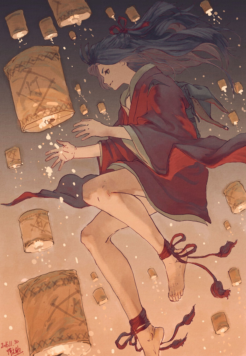 2016 absurdres ankle_wrap anklet barefoot black_hair dated feet floating floating_hair gradient gradient_background hair_ribbon hands_up highres japanese_clothes jewelry kimono lantern original paper_lantern profile ribbon short_kimono signature smirk solo texture zennosuke