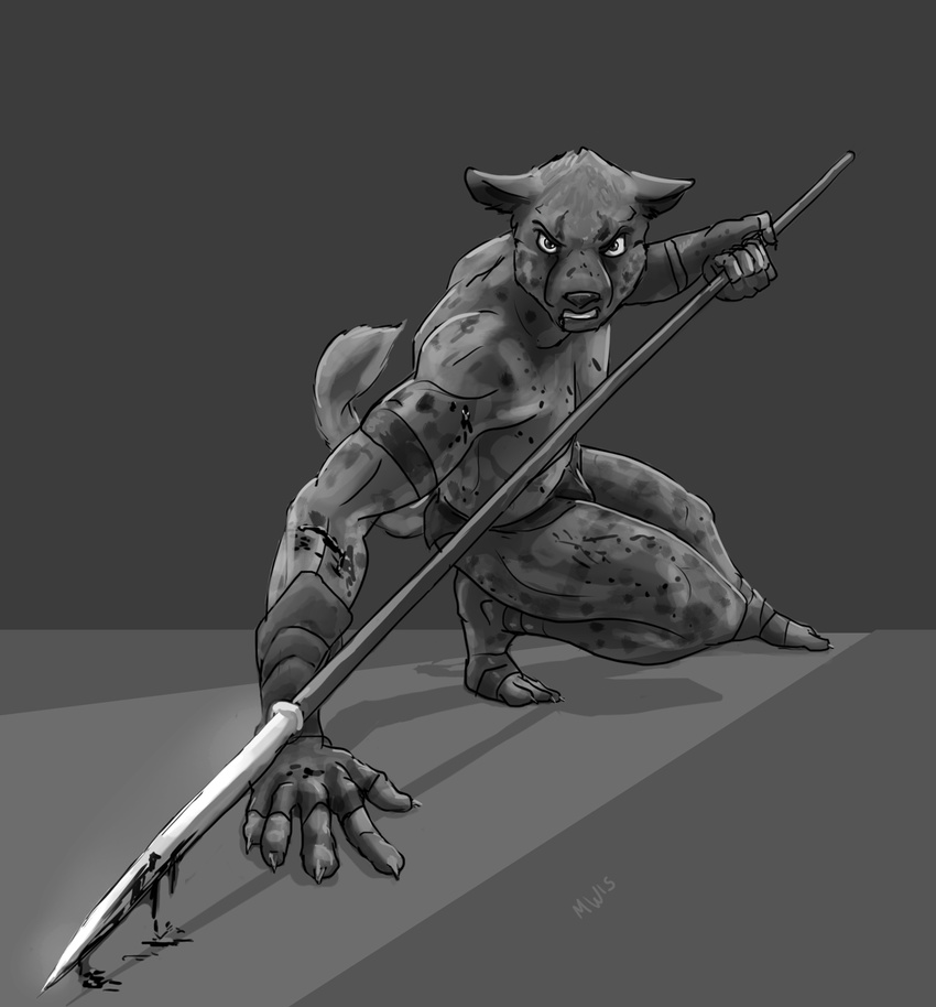 angry anthro armor battle blood brace bulge cheetah clenched_teeth clothing crouching feline gauntlets gloves loincloth male mammal marsonaut melee_weapon polearm pose spear spots teeth warrior weapon