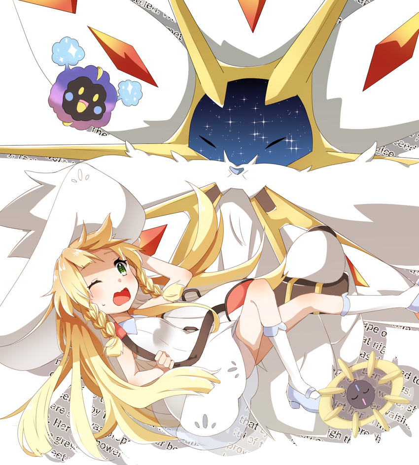 abe_suke background_text bag blonde_hair blush braid cosmoem cosmog dress duffel_bag english gen_7_pokemon green_eyes hat highres kneehighs lillie_(pokemon) long_hair one_eye_closed open_mouth pokemon pokemon_(creature) pokemon_(game) pokemon_sm sleeveless sleeveless_dress solgaleo sweat twin_braids wavy_mouth white_dress white_hat white_legwear