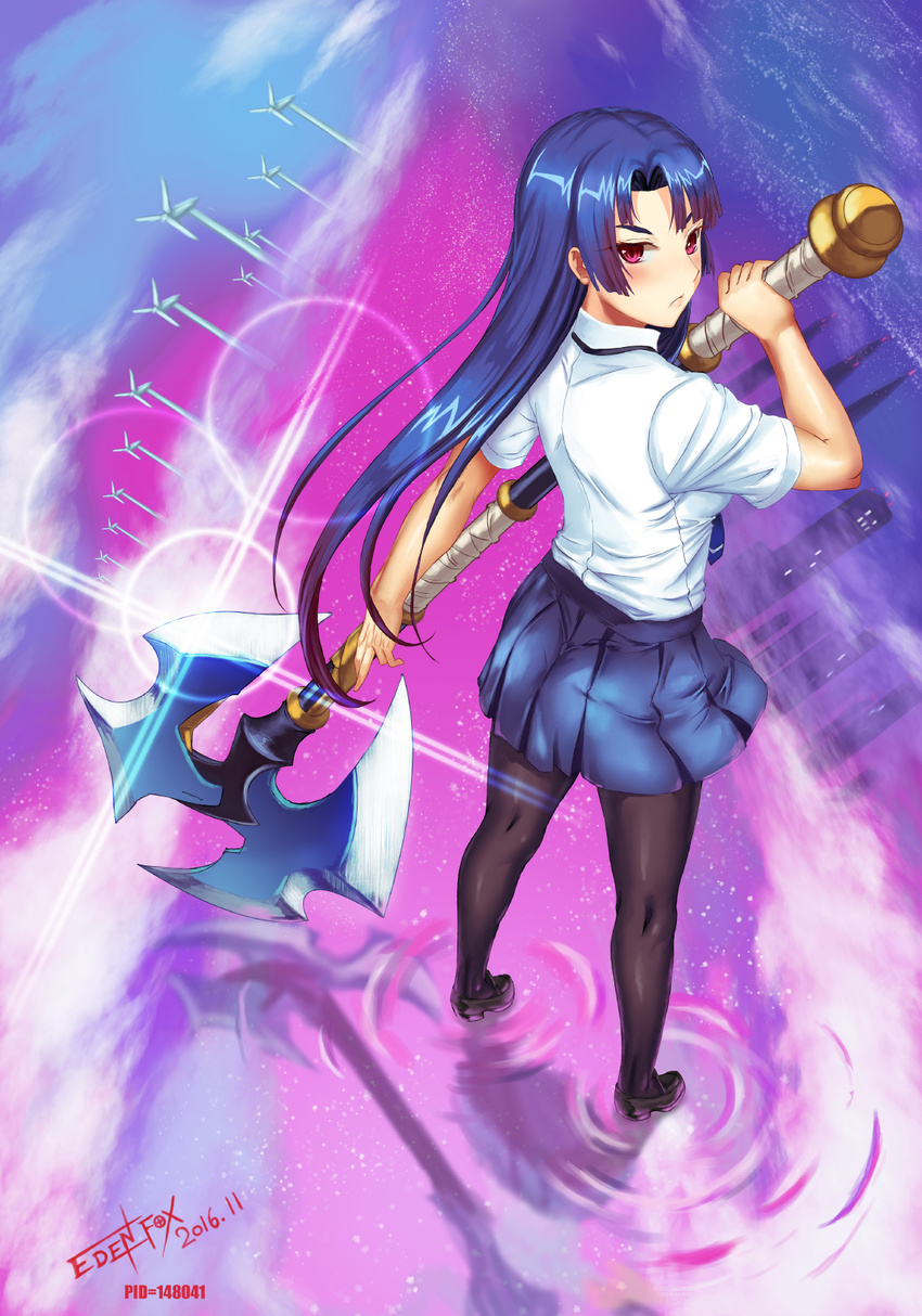 2016 :/ artist_name axe battle_axe black_footwear black_legwear blue_hair blue_neckwear blush building closed_mouth dated edenfox from_behind full_body highres holding holding_weapon loafers long_hair looking_back necktie number pantyhose pink_eyes pixiv_id reflection school_uniform shirt shoes short_sleeves solo standing taimanin_(series) taimanin_asagi_zero very_long_hair weapon white_shirt windmill yatsu_murasaki