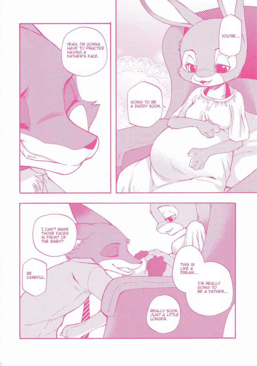 2016 canine comic dialogue disney english_text female fox inumimi_moeta judy_hopps lagomorph male mammal monochrome nick_wilde pink_and_white rabbit text zootopia