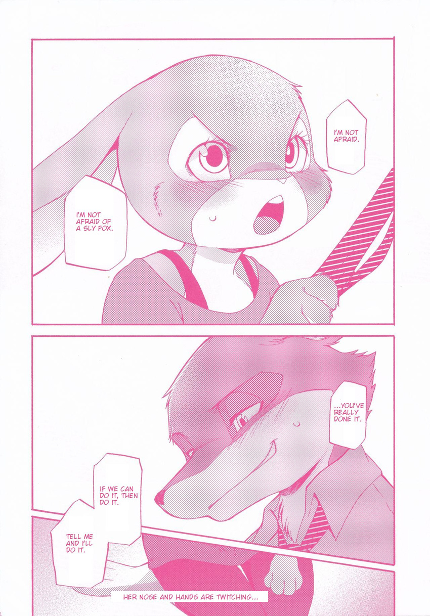 2016 canine comic dialogue disney english_text female fox inumimi_moeta judy_hopps lagomorph male mammal monochrome nick_wilde pink_and_white rabbit text zootopia