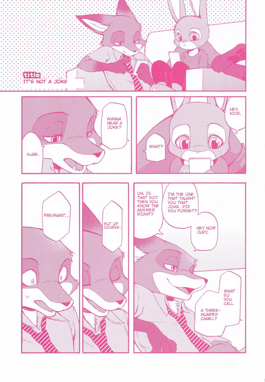 2016 canine comic dialogue disney english_text female fox inumimi_moeta judy_hopps lagomorph male mammal monochrome nick_wilde pink_and_white rabbit text zootopia