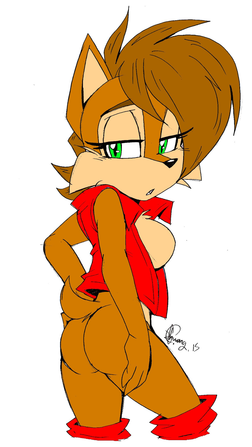 akatsukishiranui-fox anthro blue_eyes bottomless breasts brown_fur butt chipmunk clothed clothing featureless_breasts female fur hi_res looking_back mammal rodent sally_acorn solo sonic_(series)