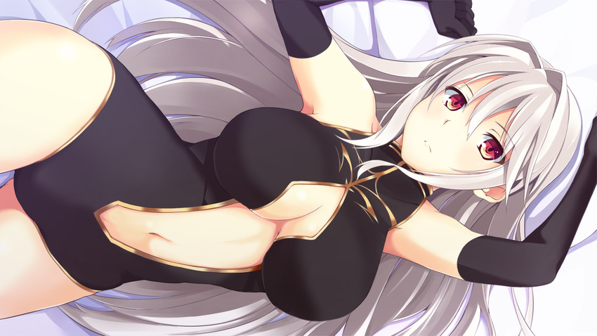 bare_shoulders black_gloves breasts center_opening elbow_gloves game_cg gloves hair_intakes large_breasts leotard long_hair looking_at_viewer lying navel on_back red_eyes ryofu_housen_(sangoku_hime) sangoku_hime sangoku_hime_3 silver_hair solo zasetsuou