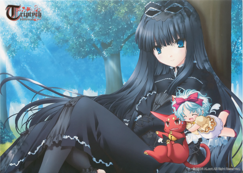 against_tree bell black_hair blue_eyes bow cat dress forest gothic_lolita hair_bow hair_ribbon highres jajal lolita_fashion long_hair marineo maya_(triptych) minigirl multiple_girls nature nimura_yuuji pantyhose ribbon short_hair sitting tree triptych very_long_hair white_hair wings