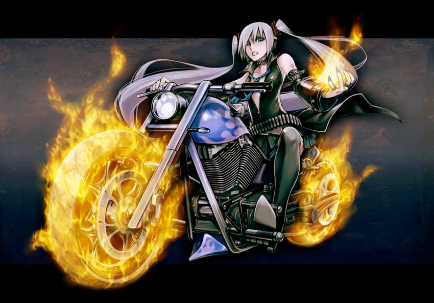 belt collar detached_sleeves fire ground_vehicle hagane_miku hagane_vocaloid hanji_(hansi) long_hair motor_vehicle motorcycle necktie riding silver_hair skirt solo spikes thighhighs twintails very_long_hair vocaloid zettai_ryouiki