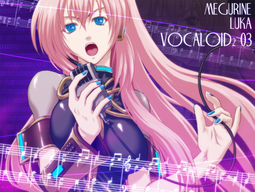 bass_clef beamed_eighth_notes blue_nails flat_sign half_note iga_tomoteru long_hair megurine_luka microphone music musical_note nail_polish pink_hair quarter_note singing solo staff_(music) time_signature treble_clef vocaloid