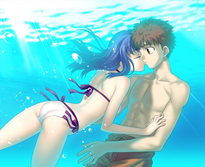 1boy 1girl bikini emiya_shirou fate/stay_night fate_(series) game_cg long_hair matou_sakura sakura_matou side-tie_bikini swimsuit takeuchi_takashi type-moon type_moon underwater