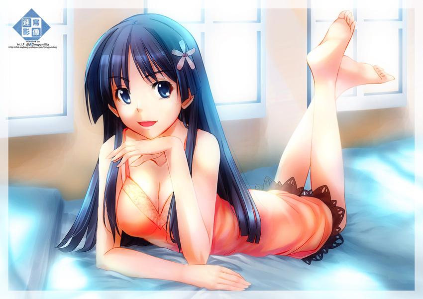 barefoot black_hair blue_eyes breasts chemise chin_rest cleavage feet flower hair_flower hair_ornament hands large_breasts long_hair lying omgamilla on_stomach saten_ruiko smile soles solo to_aru_kagaku_no_railgun to_aru_majutsu_no_index toes
