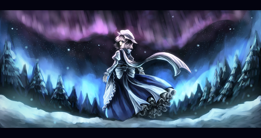 apron aurora bad_id bad_pixiv_id bangs banned_artist black_sclera blue_dress blue_eyes dress expressionless forest hat highres lavender_hair letterboxed letty_whiterock long_sleeves looking_at_viewer looking_back nature night night_sky paseri pine_tree puffy_long_sleeves puffy_sleeves scarf short_hair sky snow snowing solo standing star_(sky) starry_sky touhou tree waist_apron white_hat white_scarf wind