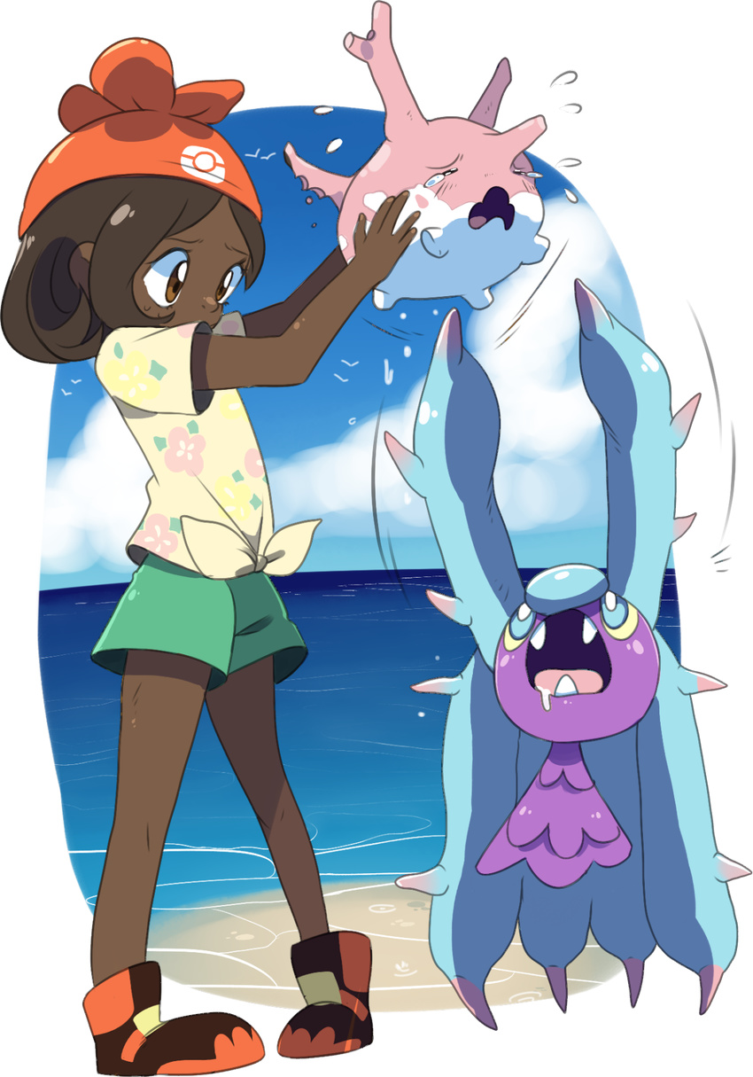 1girl beach blue_eyes brown_eyes brown_hair corsola crying dark_skin female_protagonist_(pokemon_sm) hat mareanie open_mouth pokemon pokemon_(game) pokemon_sm shorts tears teeth water yellow_sclera