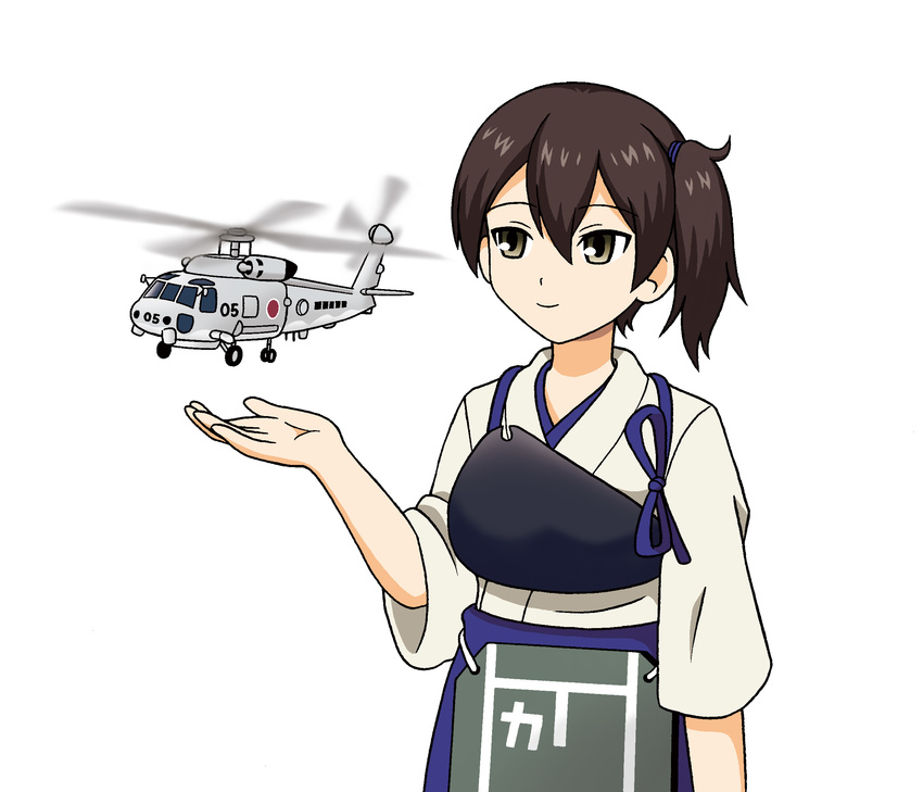 aircraft brown_eyes brown_hair commentary_request helicopter highres hoshino_banchou japanese_clothes kaga_(jmsdf) kaga_(kantai_collection) kantai_collection long_hair muneate sh-60_seahawk side_ponytail simple_background smile solo tasuki white_background