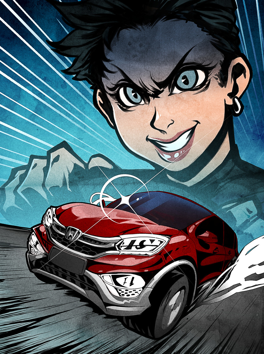 1girl amano-g black_hair blue_eyes car diffraction_spikes driving earrings face grin ground_vehicle highres honda jewelry motor_vehicle original short_hair smile solo speed_lines steering_wheel very_short_hair