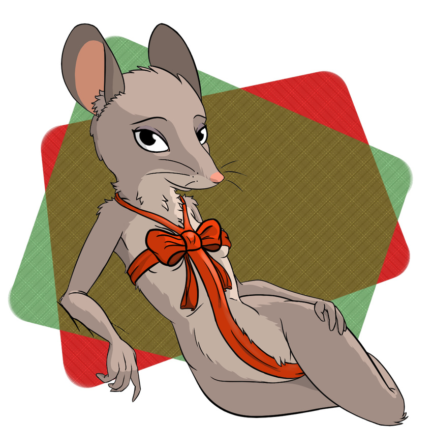 anthro bojack_horseman bow breasts christmas female gift_wrapped holidays kitsona looking_at_viewer lying mammal mia_mckibben mostly_nude mouse ribbons rodent seductive smile solo