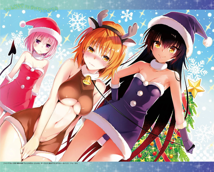 3girls animal_ears bare_shoulders bell black_hair blush bondage breasts christmas christmas_ornaments christmas_tree cleavage collar collarbone dark_skin demon_tail genderswap genderswap_(mtf) master_nemesis momo_velia_deviluke multiple_girls navel official_art orange_hair pink_hair purple_eyes reindeer_costume santa_costume santa_gloves santa_hat scan skirt smile tail thighs to_love-ru to_love-ru_darkness tree underboob yellow_eyes yuuki_rito yuusaki_riko