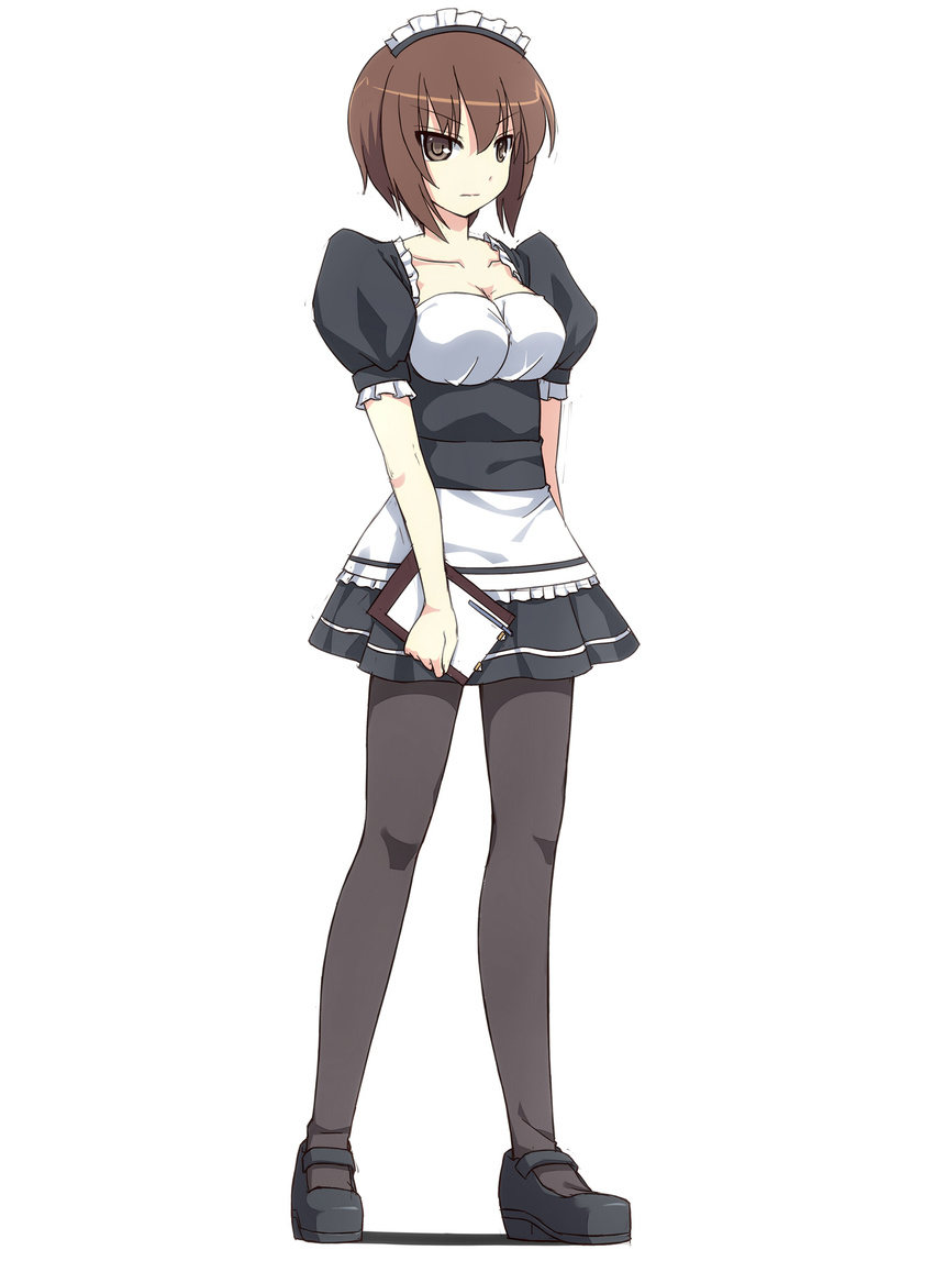 alternate_costume bangs black_dress black_footwear black_legwear breasts brown_eyes brown_hair clipboard closed_mouth collarbone dress enmaided frilled_dress frills full_body girls_und_panzer highres holding looking_at_viewer maid maid_headdress mary_janes medium_breasts nishizumi_maho pantyhose puffy_short_sleeves puffy_sleeves shoes short_dress short_hair short_sleeves simple_background solo srwsrx_(gp03dsrx) standing underbust white_background