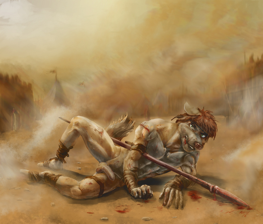 abs angry anthro balls bandage big_penis blood canine clenched_teeth dust fight headband male mammal marsonaut melee_weapon muscular nude pecs penis polearm sand spear teeth weapon wolf