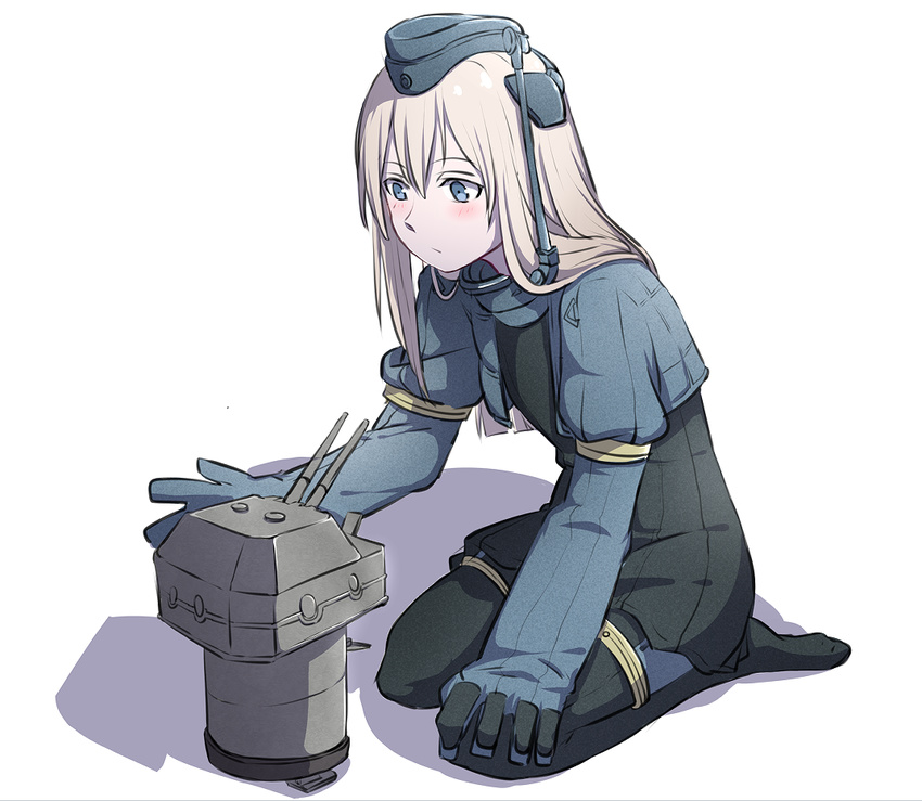 blonde_hair blue_eyes chou-10cm-hou-chan cropped_jacket garrison_cap hand_on_own_knee hat kantai_collection kneeling long_hair simple_background u-511_(kantai_collection) white_background xiujia_yihuizi