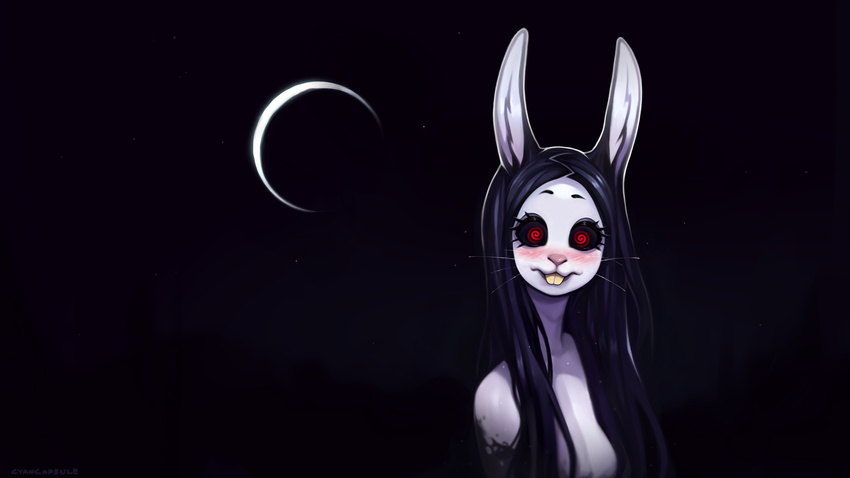 2016 anthro black_fur black_hair blush buckteeth cyancapsule female fur hair hi_res lagomorph lips long_hair looking_at_viewer mammal moon night outside pink_nose rabbit red_eyes sky smile solo star teeth whiskers white_fur