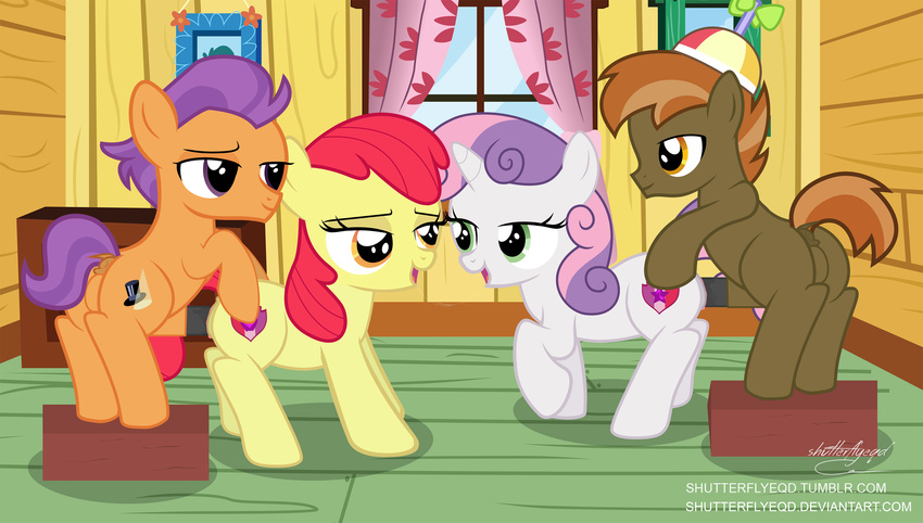 2016 apple_bloom_(mlp) bedroom_eyes button_mash_(mlp) curtains cutie_mark_crusaders_(mlp) equine erection eye_contact female feral feral_on_feral friendship_is_magic fur group hair half-closed_eyes hat hi_res horn horse inside male male/female mammal multicolored_hair my_little_pony penetration penis pony purple_eyes purple_hair red_hair seductive sex shutterflyeqd smile sweetie_belle_(mlp) tender_taps_(mlp) unicorn vaginal vaginal_penetration white_fur window yellow_fur young