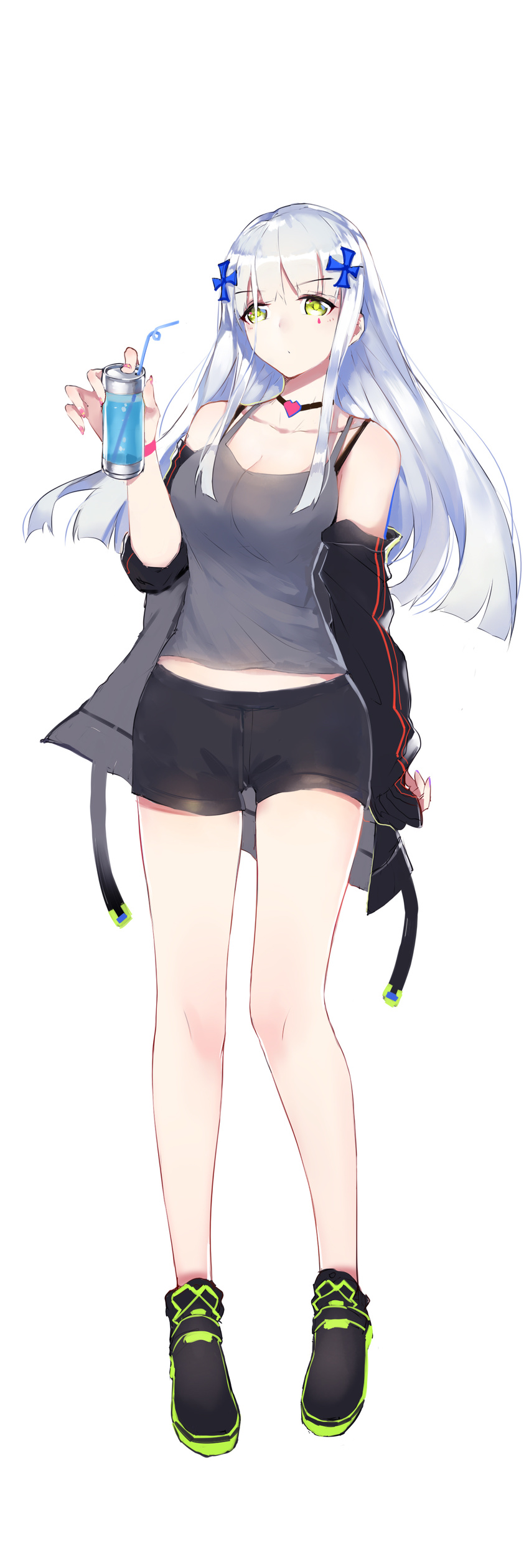 absurdres bare_legs black_footwear black_shorts can choker closed_mouth drinking_straw expressionless full_body girls_frontline green_eyes grey_shirt hair_ornament heart heart_choker highres hk416_(girls_frontline) horz jacket long_hair shirt shoes shorts silver_hair simple_background soda_can solo spaghetti_strap white_background