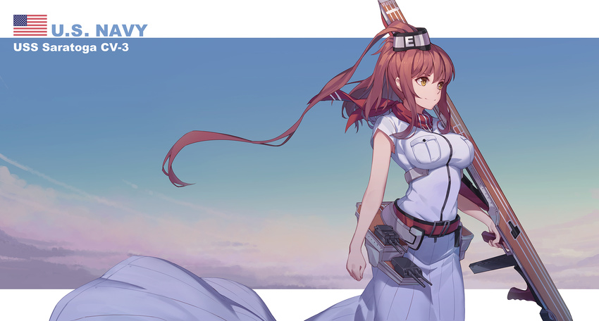 american_flag belt blue_sky breasts buttons cannon character_name closed_mouth clothes_writing cowboy_shot flight_deck grey_hat gun highres holding holding_gun holding_weapon kantai_collection large_breasts lavender_shirt lavender_skirt long_hair long_skirt looking_to_the_side nian pocket ponytail red_hair red_scarf revision saratoga_(kantai_collection) scarf shirt short_sleeves sidelocks skirt sky smile solo standing trigger_discipline turret underbust weapon yellow_eyes