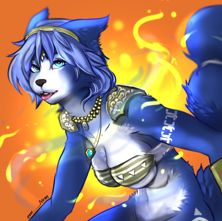 2016 anthro blue_eyes blue_fur blue_hair bottomless bra canine clothed clothing english_text female fire fox fur hair jewelry krystal long_hair mammal navel necklace nintendo rach_verity red_background signature simple_background solo star_fox tailband tattoo text tongue tongue_out underwear video_games