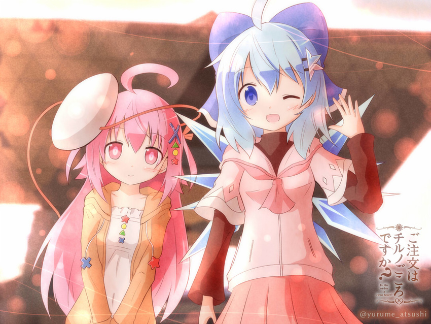 ;d ahoge alternate_costume blue_eyes blue_hair casual cirno contemporary hair_ornament hairpin hata_no_kokoro hood hooded_jacket ice ice_wings jacket long_hair looking_at_viewer mask mask_on_head multiple_girls one_eye_closed open_mouth pink_eyes pink_hair pleated_skirt short_hair skirt smile tokyo_big_sight touhou translation_request waving wings yurume_atsushi