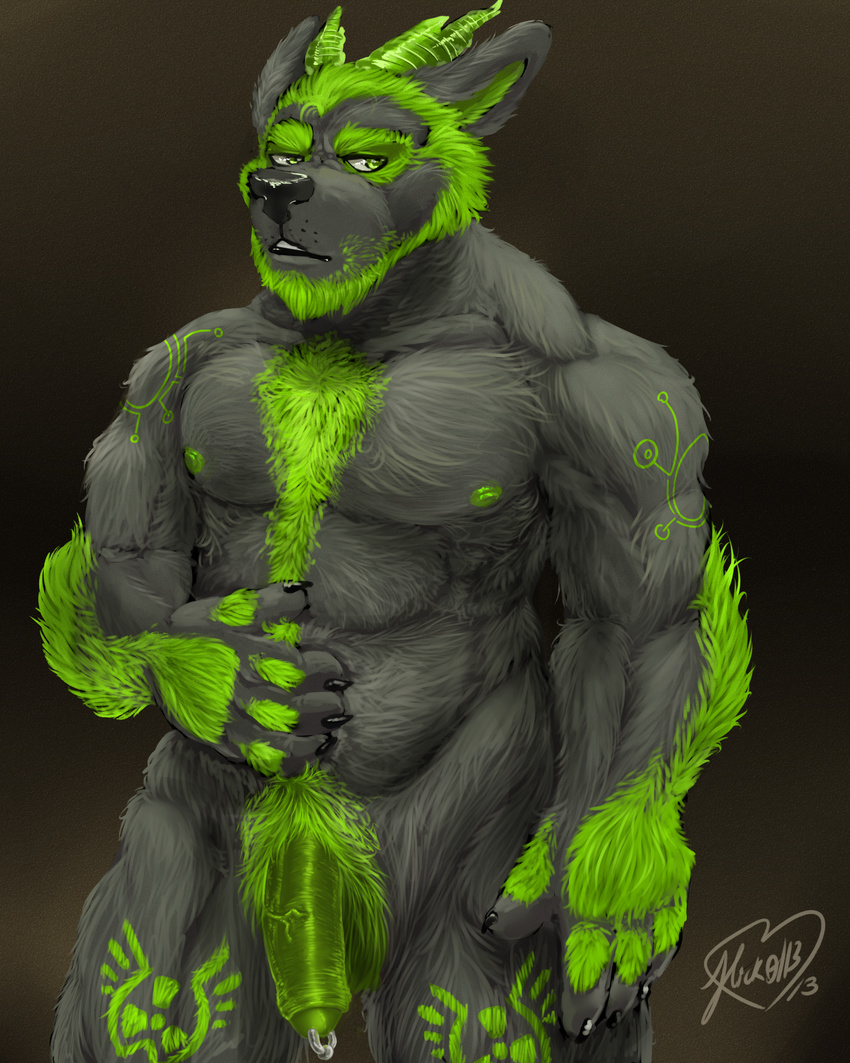 2014 abs absurd_res animal_genitalia anthro balls biceps big_muscles black_fur black_nose body_hair canine chest_tuft chumbasket claws digital_media_(artwork) facial_hair fur genital_piercing green_eyes green_fur green_nipples green_penis half-erect happy_trail hi_res horn humanoid_penis hybrid male mammal markings musclegut muscular muscular_male nipples nude partially_retracted_foreskin pecs penis penis_piercing piercing pose presenting prince_albert_piercing pubes sheath slightly_chubby solo standing teeth tuft uncut vein wolf