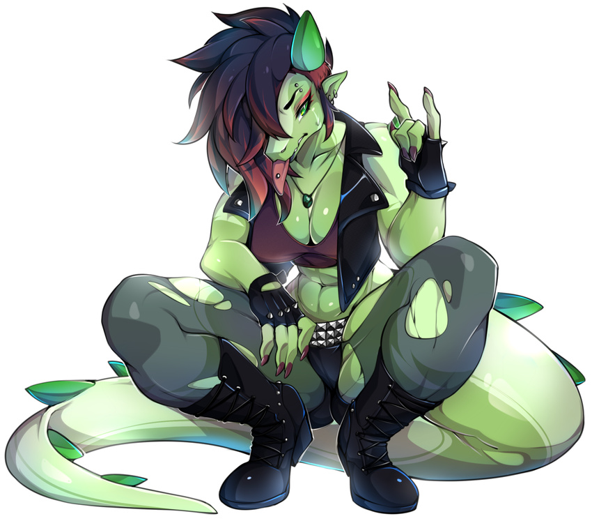 abs anthro black_hair boots breasts cleavage clothed clothing colored_nails crop_top crouching devil_horns ear_piercing eyebrow_piercing facial_piercing female footwear green_eyes green_skin hair jewelry midriff multicolored_hair navel necklace piercing pink_nails punk red_hair reptile scalie shirt shorts simple_background sleeveless_jacket solo thick_tail tongue tongue_out tongue_piercing torn_pantyhose two_tone_hair venusflowerart white_background