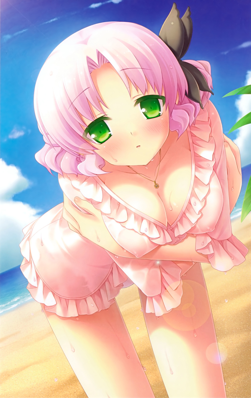 absurdres bangs beach bent_over blush breast_hold breasts cafe_sourire cleavage cloud cloudy_sky collarbone day green_eyes hair_ornament highres jewelry large_breasts looking_at_viewer mizushima_kasumi natsume_eri necklace ocean outdoors parted_bangs pink_hair see-through short_hair sky solo wet wet_clothes