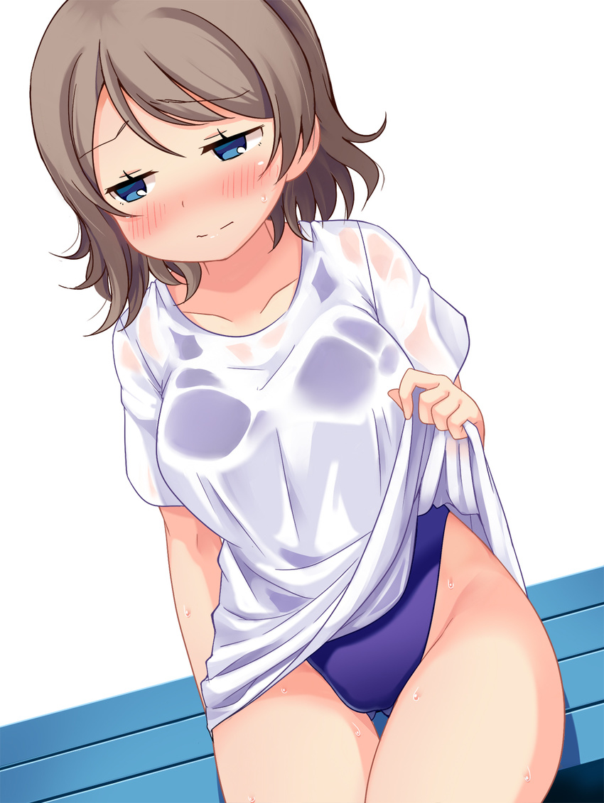 ass_visible_through_thighs bad_id bad_pixiv_id bench blue_eyes blush brown_hair competition_swimsuit highleg highleg_swimsuit highres love_live! love_live!_sunshine!! one-piece_swimsuit robin16 see-through shirt short_hair sitting solo swimsuit swimsuit_under_clothes t-shirt watanabe_you wet wet_clothes wet_shirt wet_t-shirt white_shirt