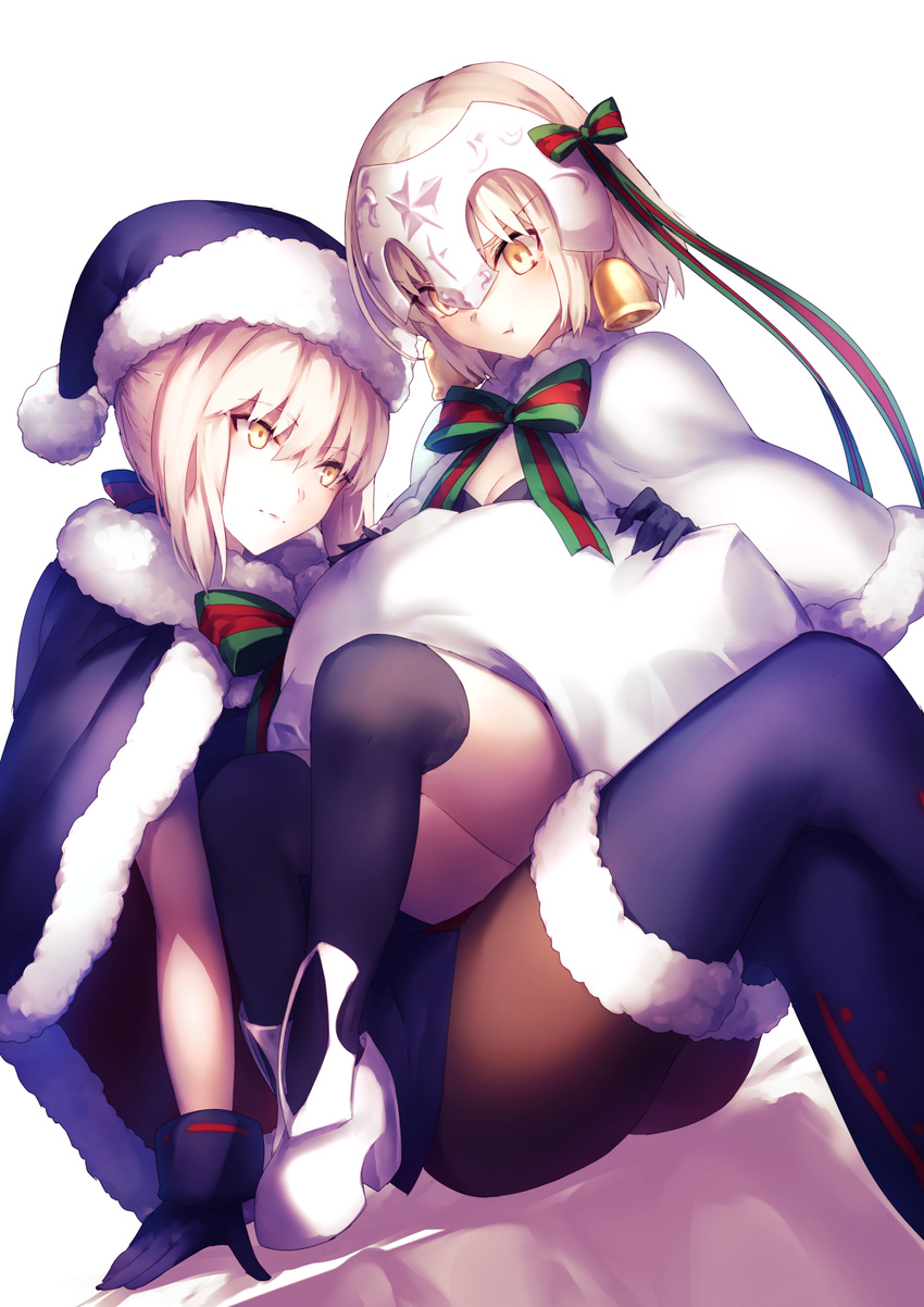 :t arm_at_side arm_support artoria_pendragon_(all) bangs bell black_dress black_footwear black_gloves black_legwear black_santa_costume blonde_hair blush boots bow bowtie breasts brown_legwear cape capelet cleavage closed_mouth crossed_legs dress dutch_angle eyebrows_visible_through_hair fate/grand_order fate_(series) fur-trimmed_boots fur-trimmed_cape fur_trim gloves hair_bow hair_ribbon hat head_tilt headpiece high_heels highres jeanne_d'arc_(fate)_(all) jeanne_d'arc_alter_santa_lily kyouya_(mukuro238) looking_at_another looking_at_viewer looking_down multiple_girls over-kneehighs pantyhose pom_pom_(clothes) pout ribbon saber_alter sack santa_alter santa_costume santa_hat short_hair sidelocks simple_background sitting sitting_on_lap sitting_on_person small_breasts thigh_boots thighhighs v-shaped_eyebrows white_background yellow_eyes