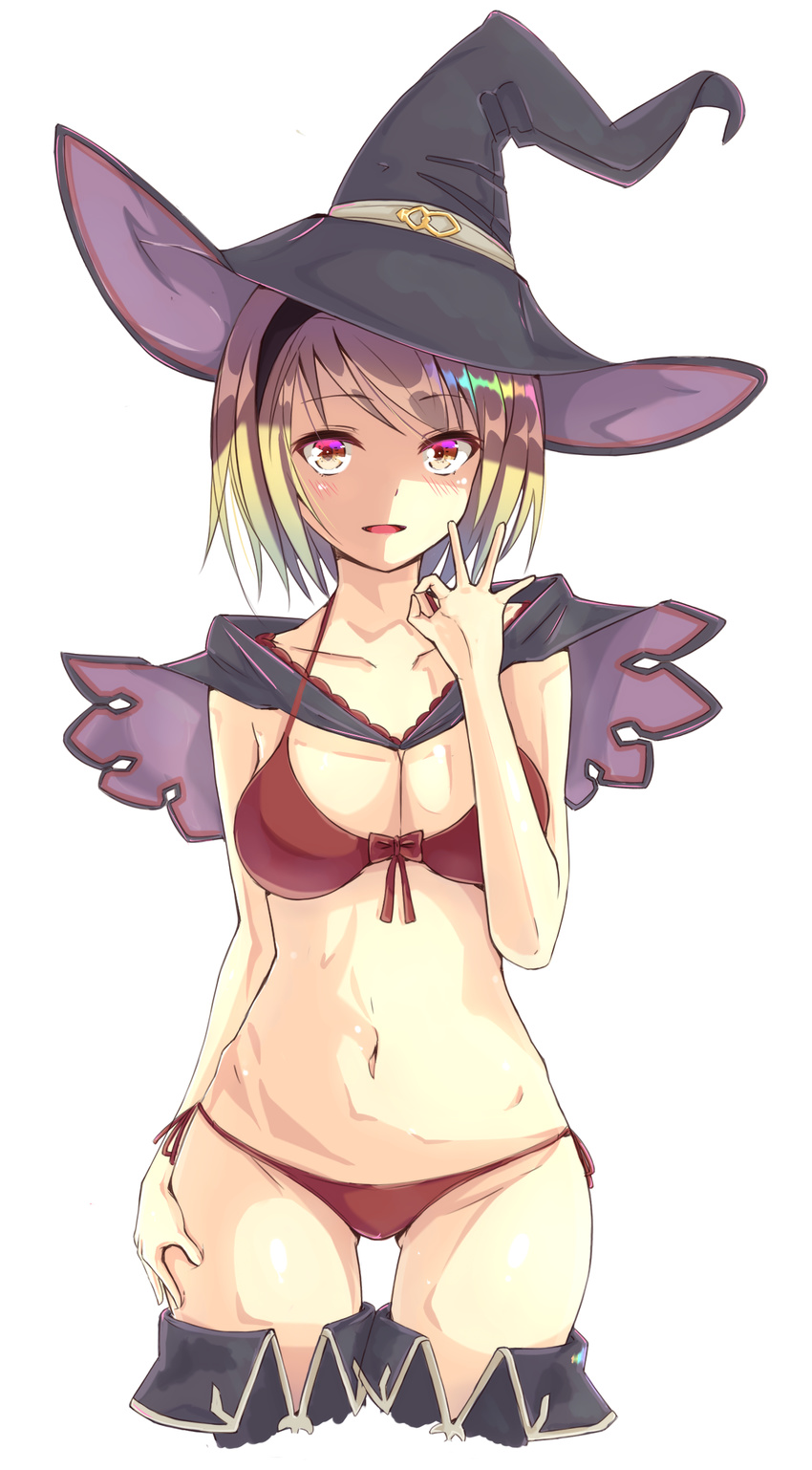 alternate_costume bad_hands bangs bikini blonde_hair breasts capelet collarbone commentary_request cowboy_shot djeeta_(granblue_fantasy) granblue_fantasy halter_top halterneck hand_on_hip hat highres large_breasts looking_at_viewer navel open_mouth pink_eyes red_bikini shiny shiny_hair short_hair skindentation solo stomach swept_bangs swimsuit thighhighs thighs warlock_(granblue_fantasy) witch_hat yuchio