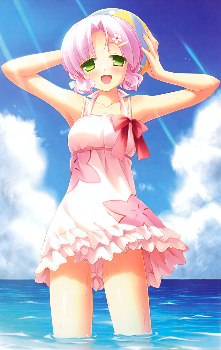 absurdres arms_up bangs blush cafe_sourire cloud cloudy_sky collarbone cowboy_shot day dress green_eyes hair_ornament hairclip highres light_rays looking_at_viewer mizushima_kasumi natsume_eri ocean open_mouth parted_bangs pink_hair short_hair sky smile solo sundress swimsuit swimsuit_under_clothes