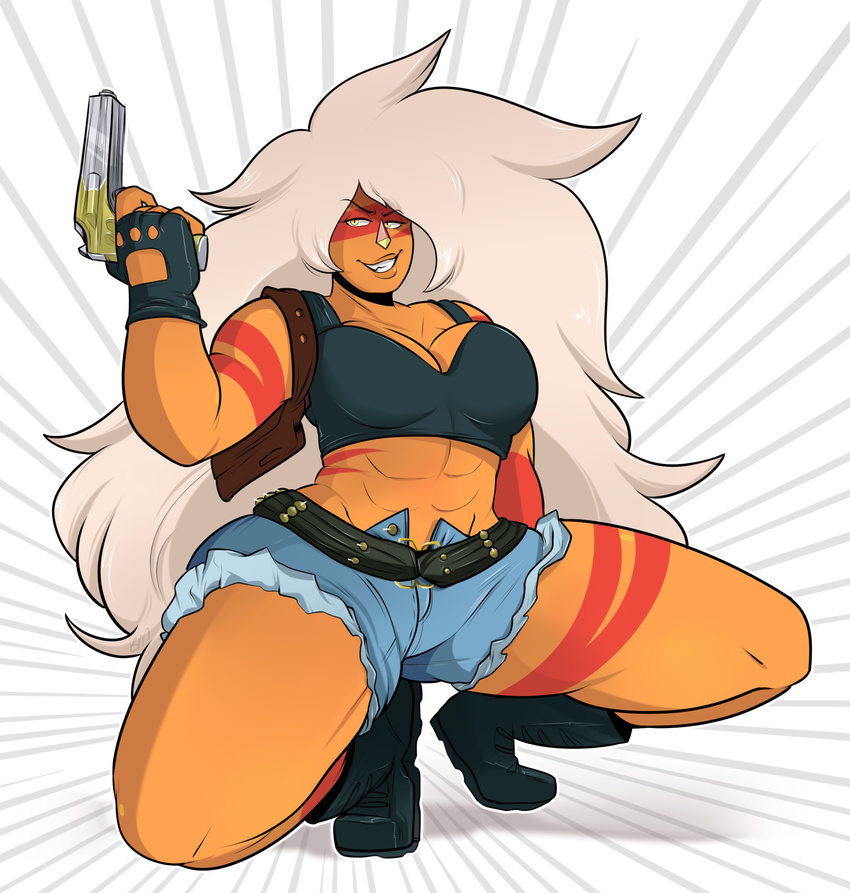 2016 alien big_breasts blushmallet breasts cartoon_network cleavage clothed clothing female gem_(species) gun hair jasper_(steven_universe) long_hair ranged_weapon smile solo steven_universe weapon white_hair