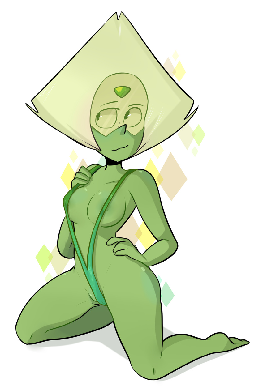 2016 alien big_breasts bikini blushmallet breasts camel_toe cartoon_network cleavage clothed clothing erect_nipples female gem_(species) nipple_bulge nipples peridot_(steven_universe) skimpy sling_bikini smile solo steven_universe swimsuit