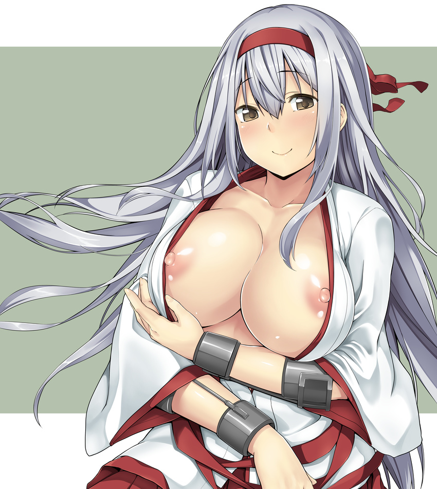 absurdres bad_revision blush breasts brown_eyes collarbone hairband hakama_skirt headband highres japanese_clothes kantai_collection large_breasts long_hair looking_at_viewer md5_mismatch nipple_slip nipples open_clothes red_skirt ribbon satou_samu shoukaku_(kantai_collection) side_ponytail silver_hair skirt smile solo white_ribbon