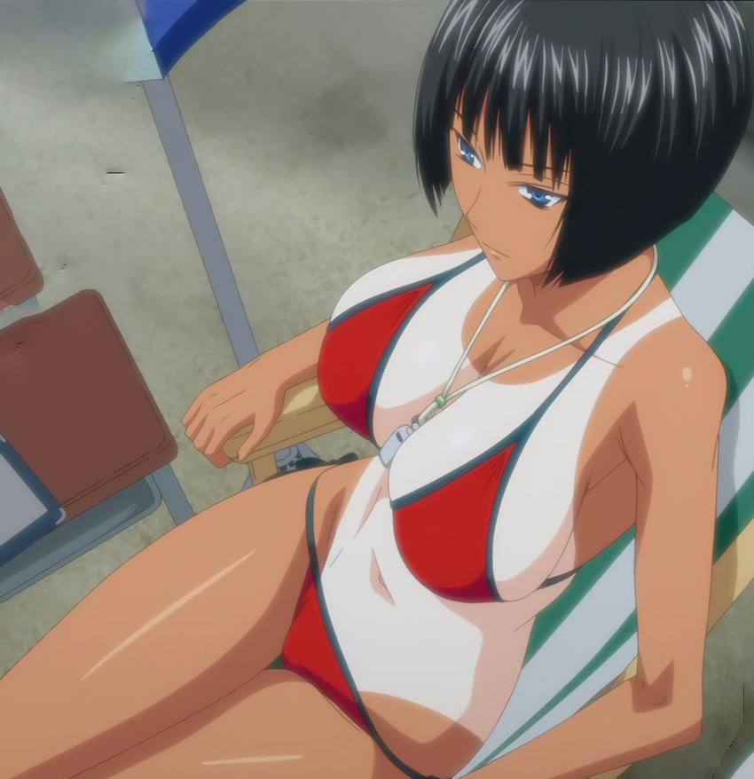 1girl bikini black_hair blue_eyes bra breasts character_request copyright_request dark_skin highres inomaru large_breasts panties short_hair sitting solo stitched tanline