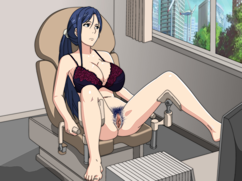 arm_support ass barefoot blue_eyes blue_hair bottomless bra breasts chair feet gyn_chair huge_breasts legs legs_up long_hair no_panties nude pubic_hair pussy sitting sky spread_legs thighs to_aru_kagaku_no_railgun to_aru_majutsu_no_index toes uncensored window yomikawa_aiho