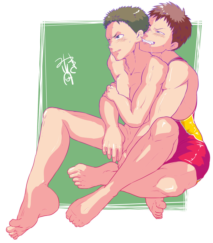 2boys barefoot hugging male_focus multiple_boys muscle naughty_face sitting smile teeth undressing yaoi