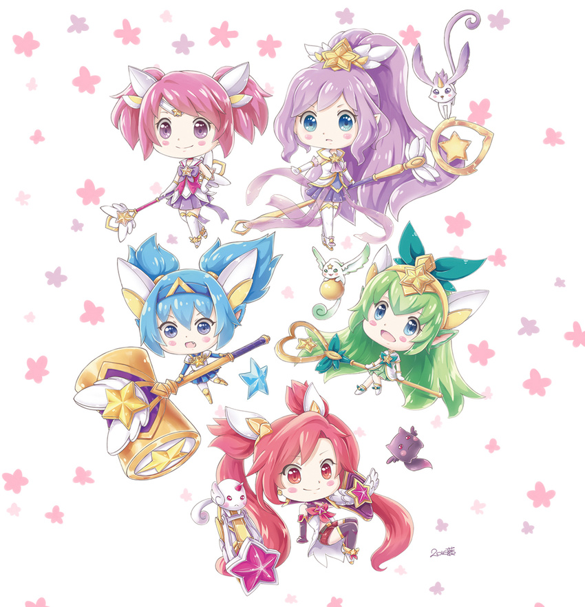 5girls alternate_costume alternate_hair_color alternate_hairstyle blue_hair boots green_hair hammer janna_windforce jinx_(league_of_legends) kuro_(league_of_legends) league_of_legends lulu_(league_of_legends) luxanna_crownguard magical_girl multiple_girls opera_gloves pink_hair pix_(league_of_legends) poppy purple_hair red_hair shiro_(league_of_legends) staff star_guardian_janna star_guardian_jinx star_guardian_lulu star_guardian_lux star_guardian_poppy thighhighs tied_hair twintails yordle