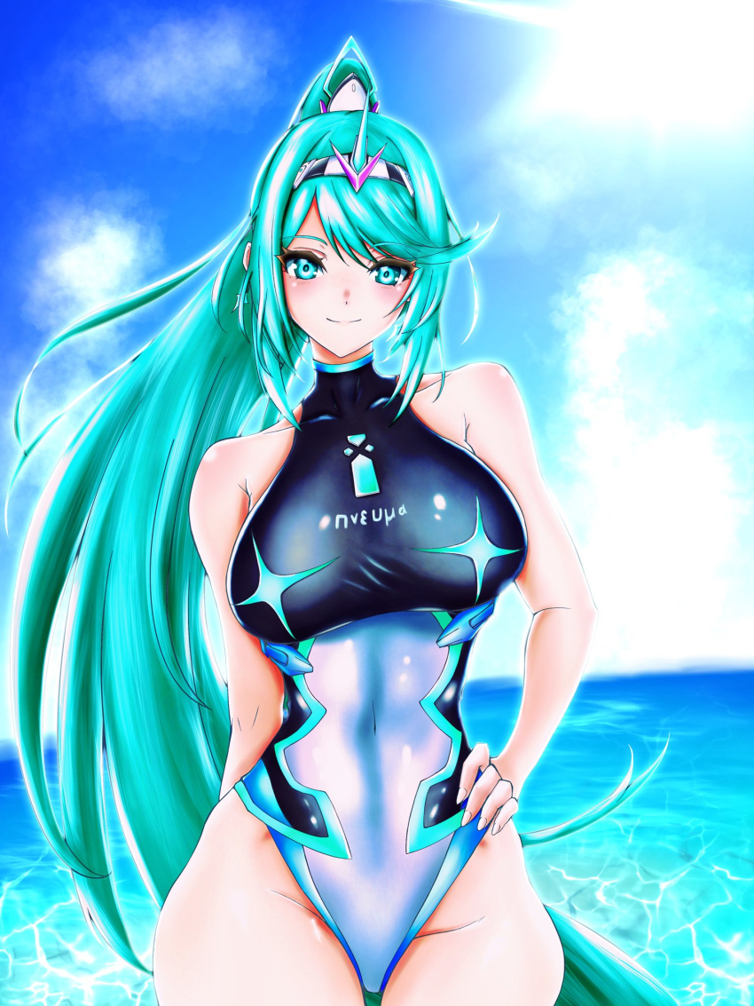 1girl bangs beach breasts competition_swimsuit earrings gem green_eyes green_hair hair_ornament headpiece highres hksicabb jewelry large_breasts long_hair looking_at_viewer nintendo ocean one-piece_swimsuit pneuma_(xenoblade_2) ponytail pose smile solo spoilers swept_bangs swimsuit tiara very_long_hair xenoblade_(series) xenoblade_2