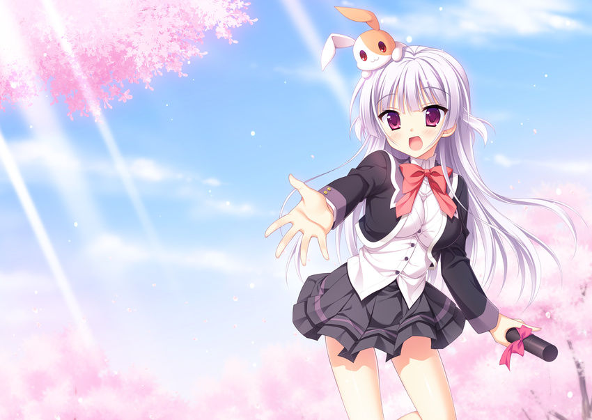 animal animal_on_head black_skirt bow bowtie bunny bunny_on_head cherry_blossoms day dress_shirt eyebrows_visible_through_hair hatsuyuki_sakura highres leg_up long_hair moribe_(rabumanyo) on_head open_mouth outdoors outstretched_arm pleated_skirt purple_eyes red_bow red_eyes school_uniform shirt silver_hair skirt solo tamaki_sakura tree white_shirt