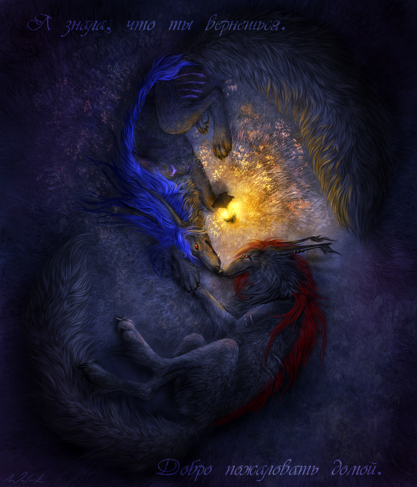 black_hair black_lips black_nose canine duo feral fur grass grey_fur hair lantern lying mammal night nude outside red_eyes red_hair russian_text text wolnir