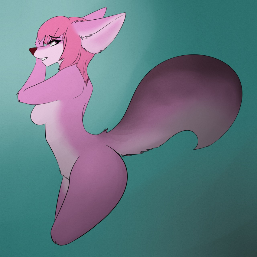 anthro breasts bubblegum_(ivy_trellis) canine countershading crying ears_back featureless_breasts female fennec fox fur gradient_background hair mammal pink_body pink_fur pink_hair side_boob side_view simple_background songgoishtar tears turquoise_background